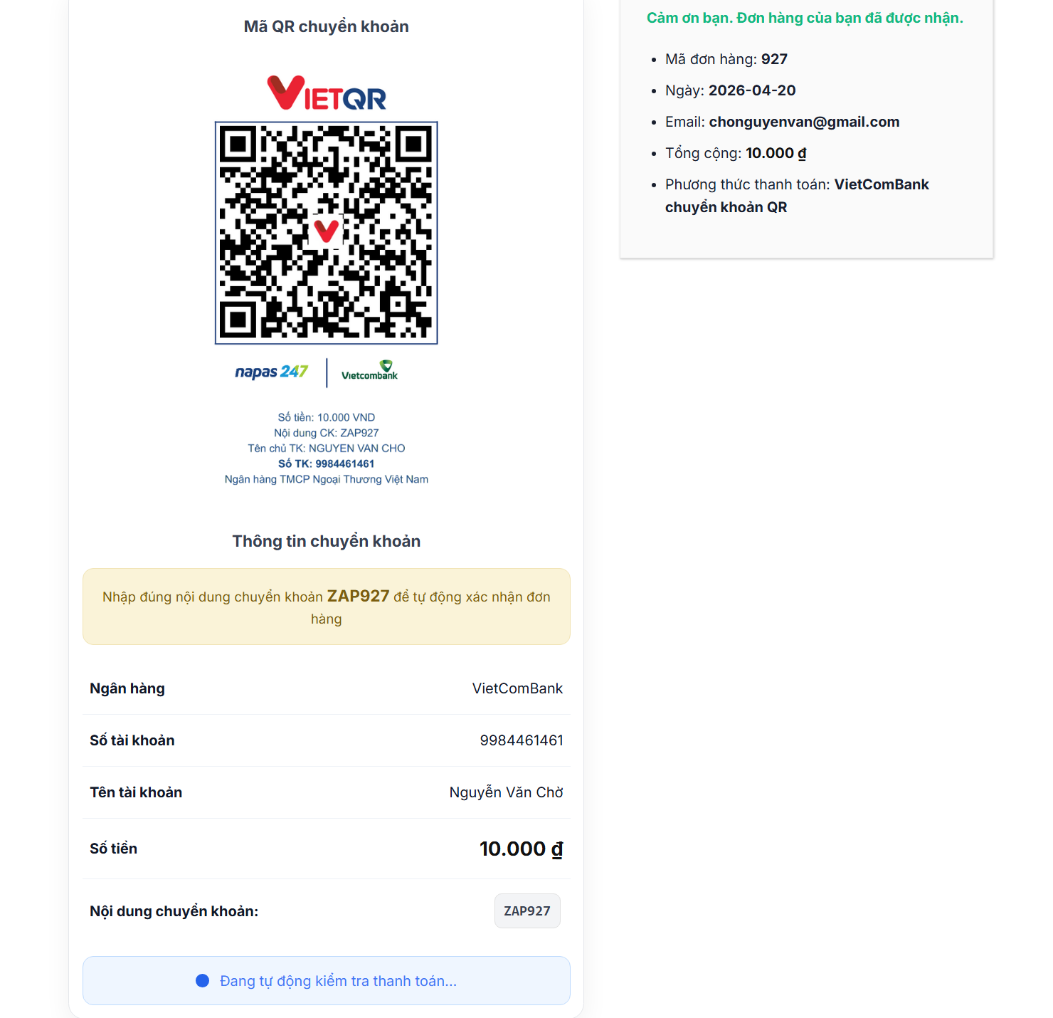 Trang thanh toán chuyển khoản QR sau khi đặt hàng