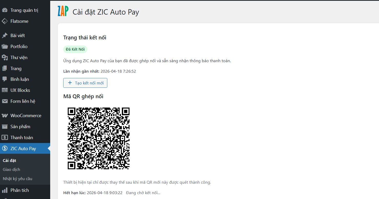 Mã QR ghép nối trên website với ứng dụng ZIC Auto Pay